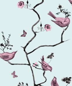 Tapeta „Romantyczny Ogród” niebieska w różowe ptaki